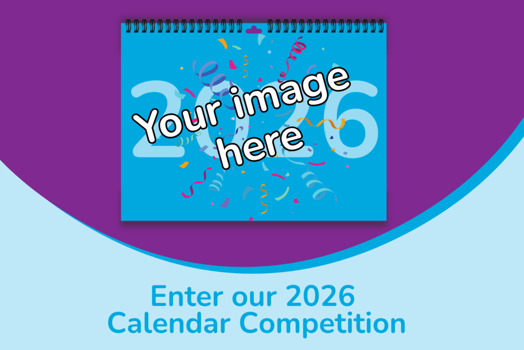 purple and blue graphics with the words 2026 AAC Community Calendar Competition