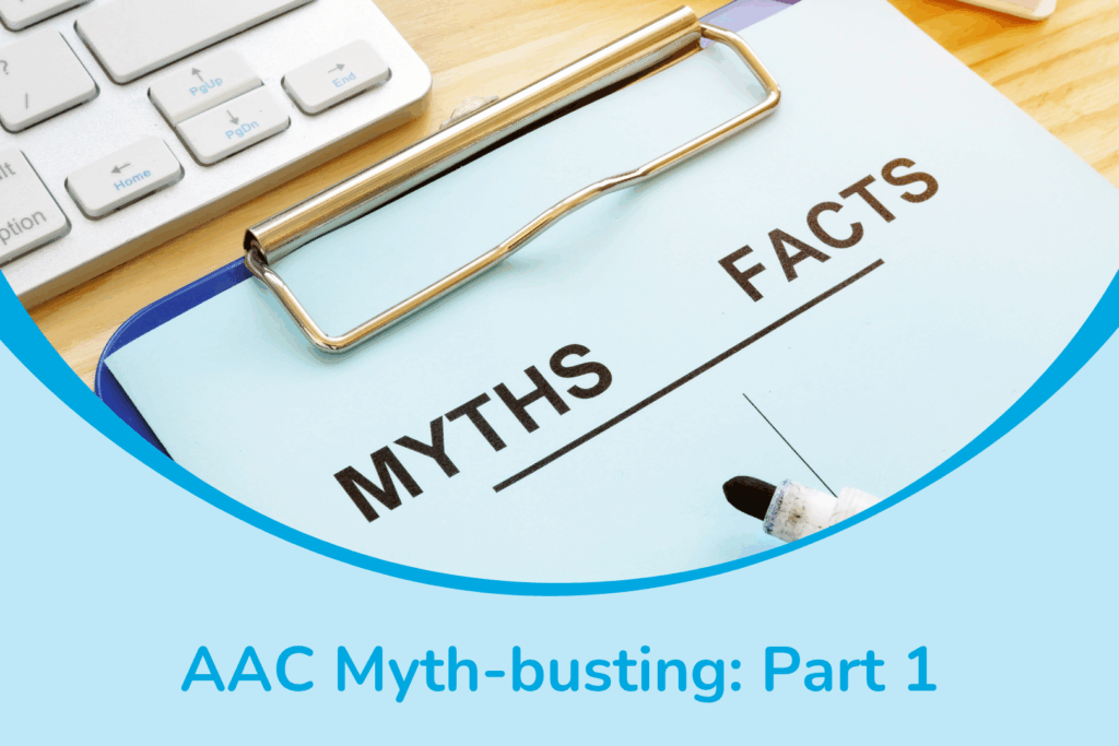 a blue clipboard with a pen and a white keyboard, with the words AAC myth-busting